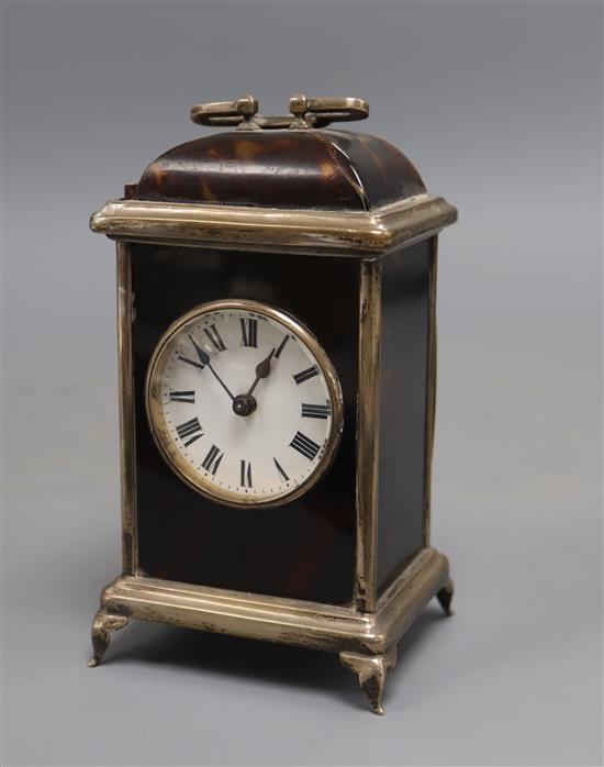 A George V silver mounted tortoiseshell carriage timepiece, Adie Bros. Birmingham, 1928, ( tortoiseshell a.f.), 15cm.